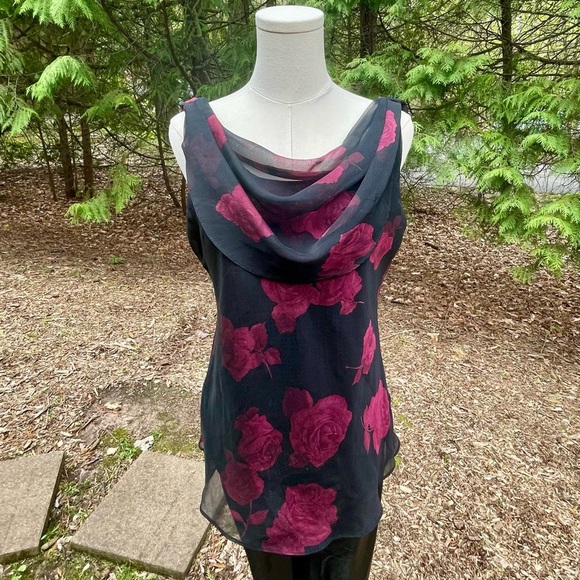 Rose Cowl Neck Blouse Sheer Tank Top by Jessica Howard Vintage Y2K Sequin Lined - Picture 4 of 14